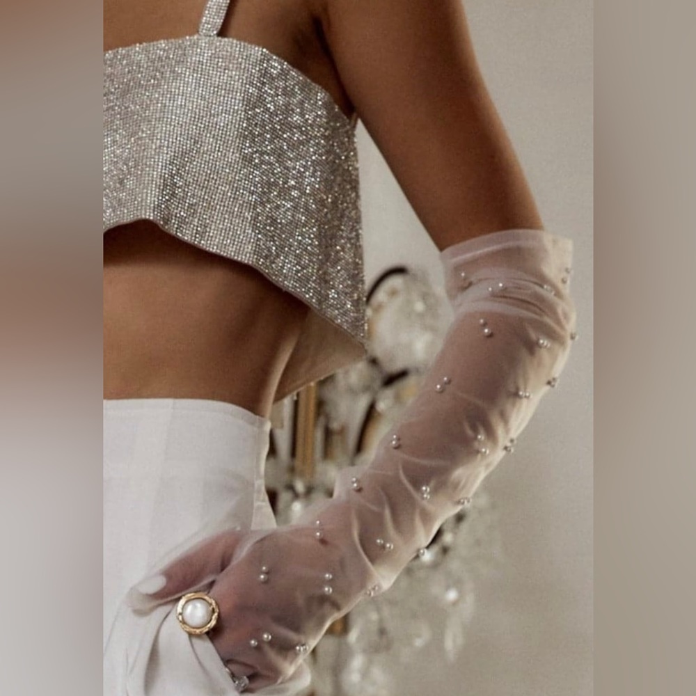 Sheer, Tulle Bridal / Costume Gloves, Elbow-length with Pearls by 12th Tribe